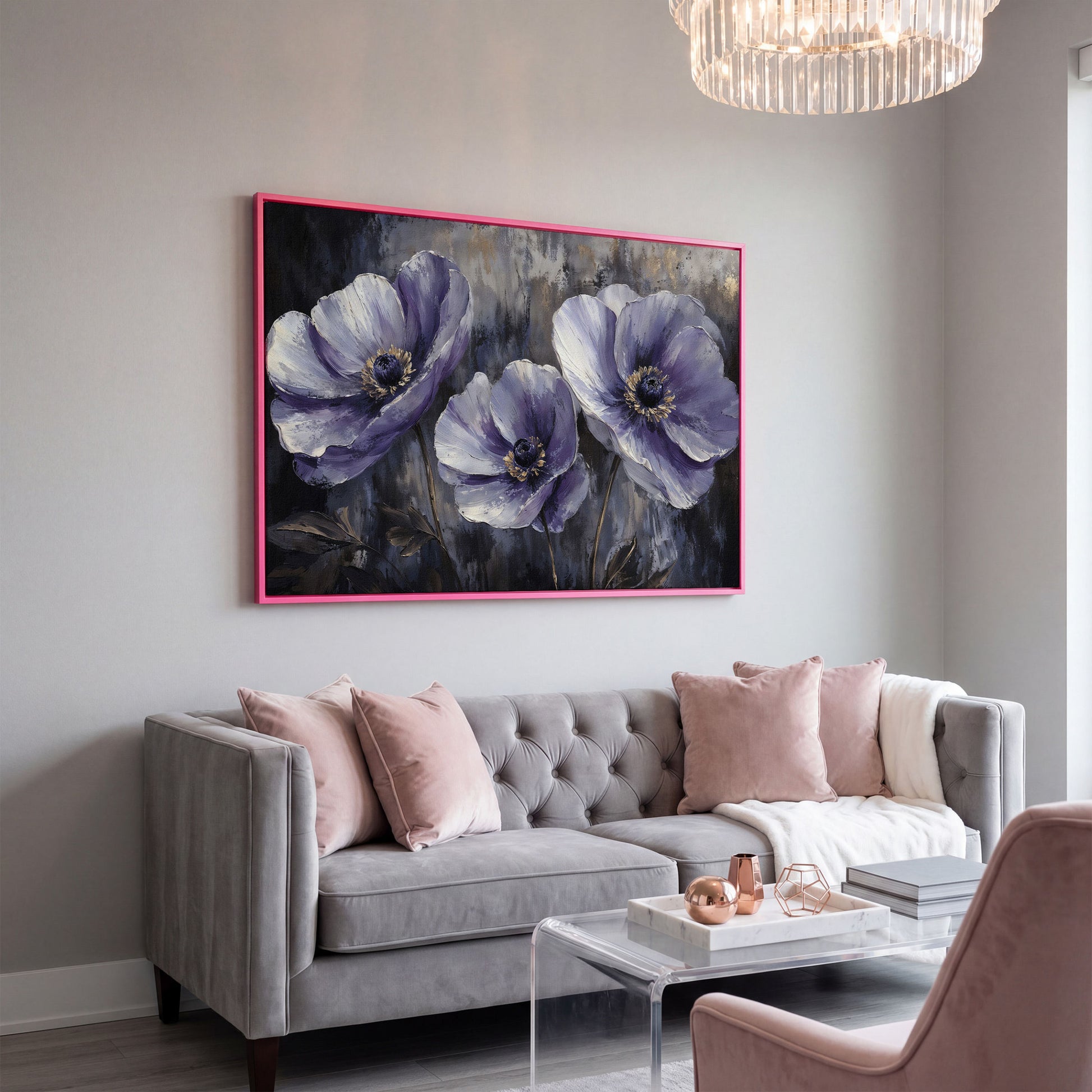 Purple Wildflowers Abstract Canvas in pink floating frame
