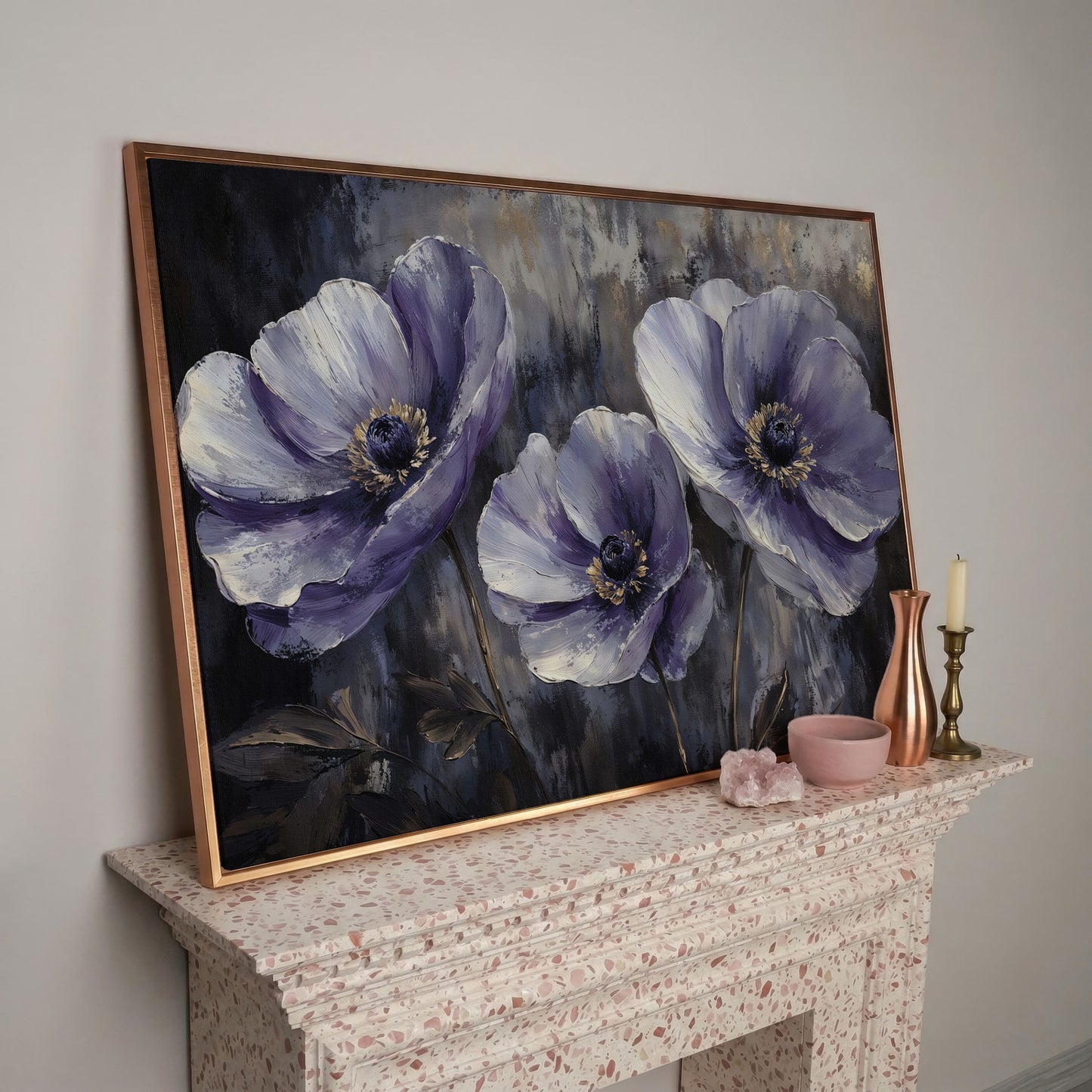 Purple Wildflowers Abstract Canvas in rose gold floating frame