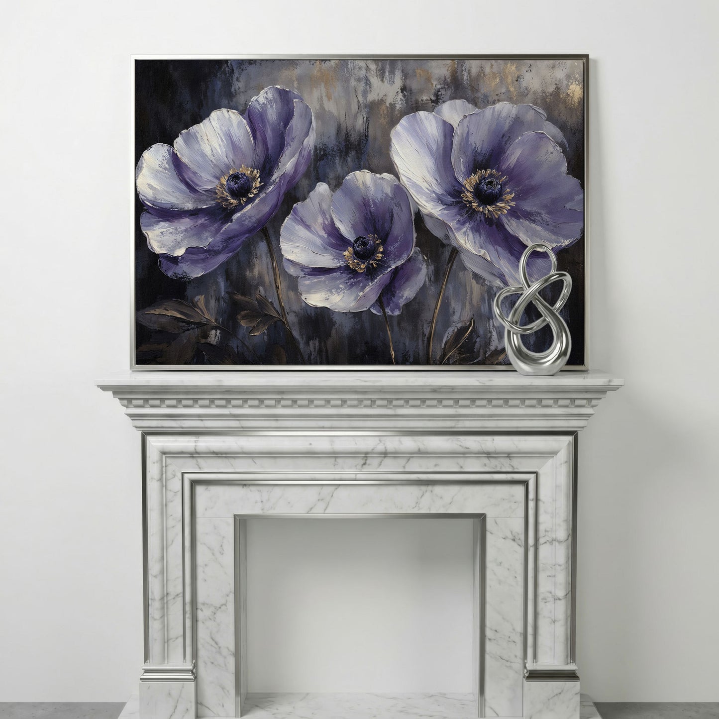 Purple Wildflowers Abstract Canvas in silver floating frame