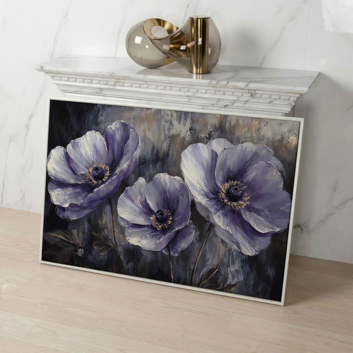 Purple Wildflowers Abstract Canvas in white floating frame