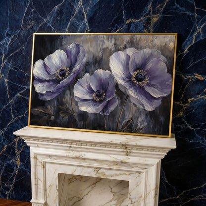 Purple Wildflowers Abstract Canvas in yellow gold floating frame