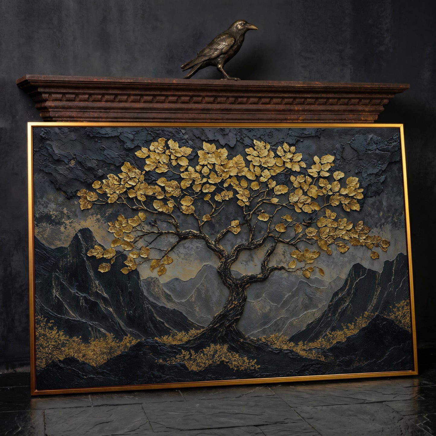 Lone Tree on Mountain Ridge Canvas Print in antique gold floating frame