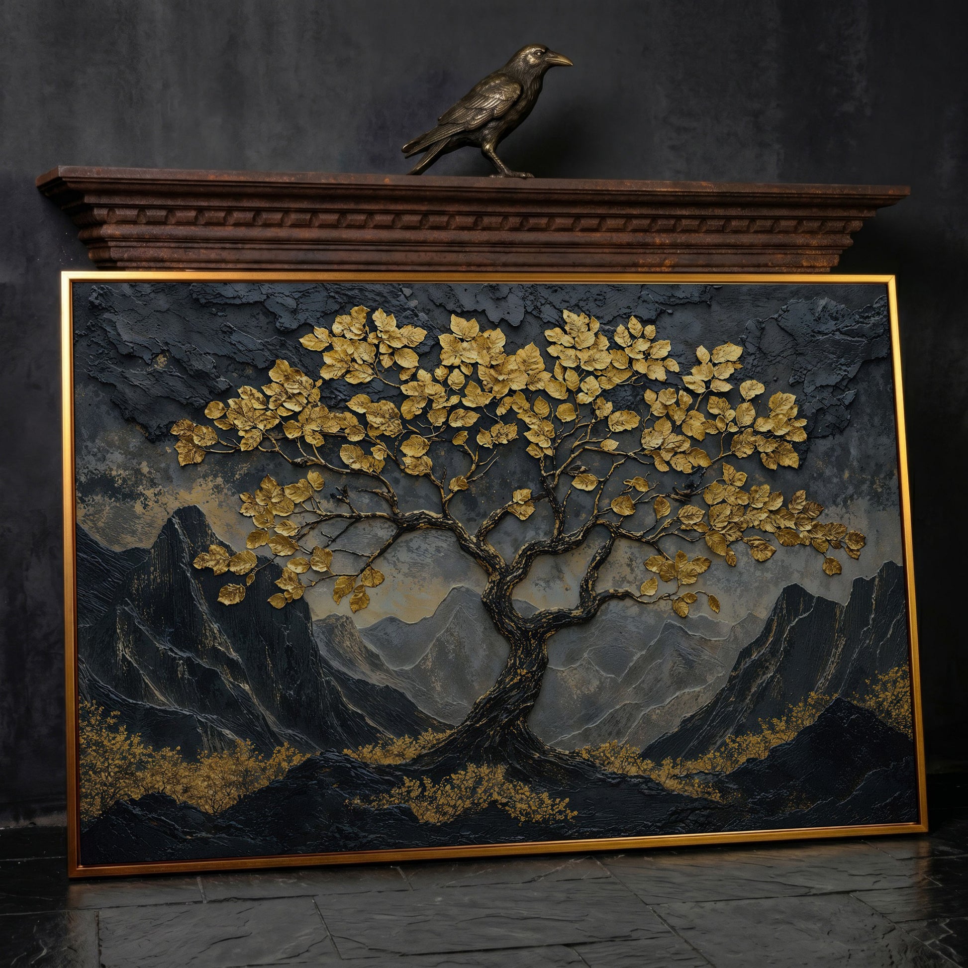 Lone Tree on Mountain Ridge Canvas Print in antique gold floating frame