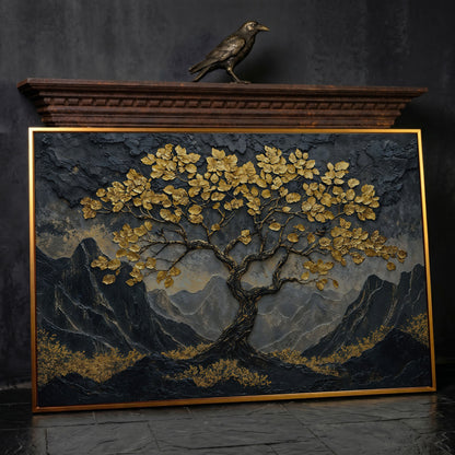 Lone Tree on Mountain Ridge Canvas Print in antique gold floating frame