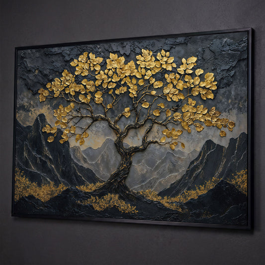 Lone Tree on Mountain Ridge Canvas Print shown in black floating frame