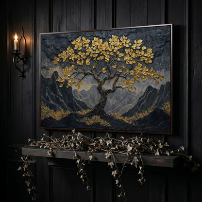 Lone Tree on Mountain Ridge Canvas Print in dark walnut floating frame