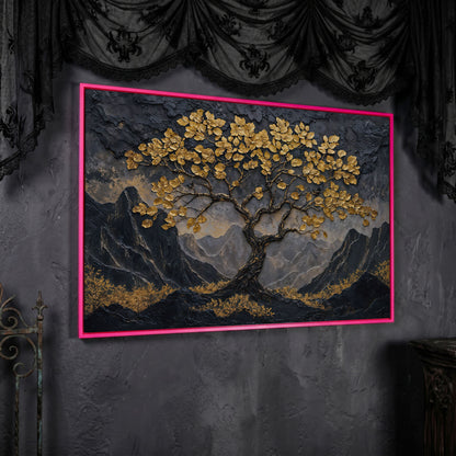 Lone Tree on Mountain Ridge Canvas Print in pink floating frame
