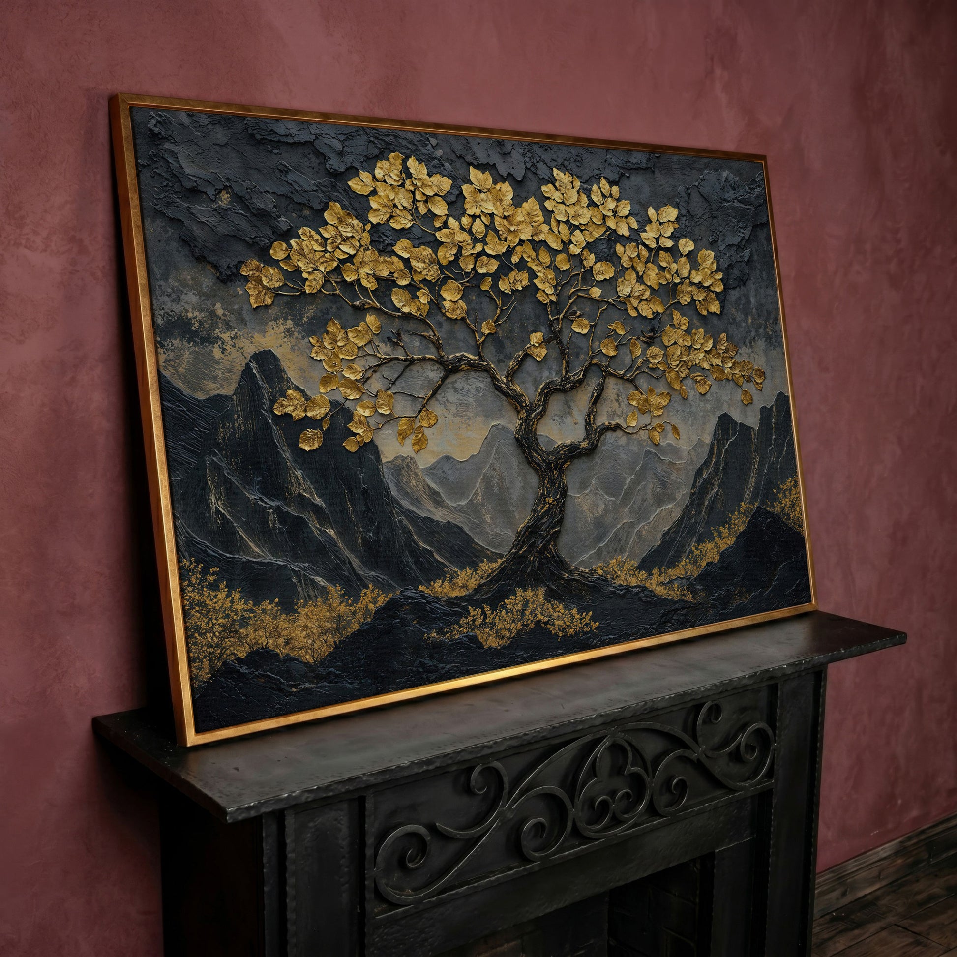 Lone Tree on Mountain Ridge Canvas Print in rose gold floating frame