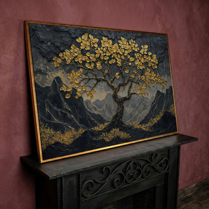 Lone Tree on Mountain Ridge Canvas Print in rose gold floating frame