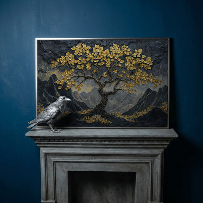 Lone Tree on Mountain Ridge Canvas Print in silver floating frame