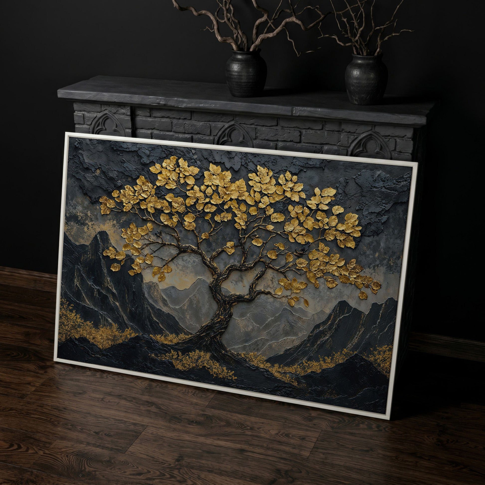 Lone Tree on Mountain Ridge Canvas Print in white floating frame