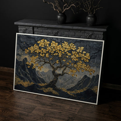 Lone Tree on Mountain Ridge Canvas Print in white floating frame