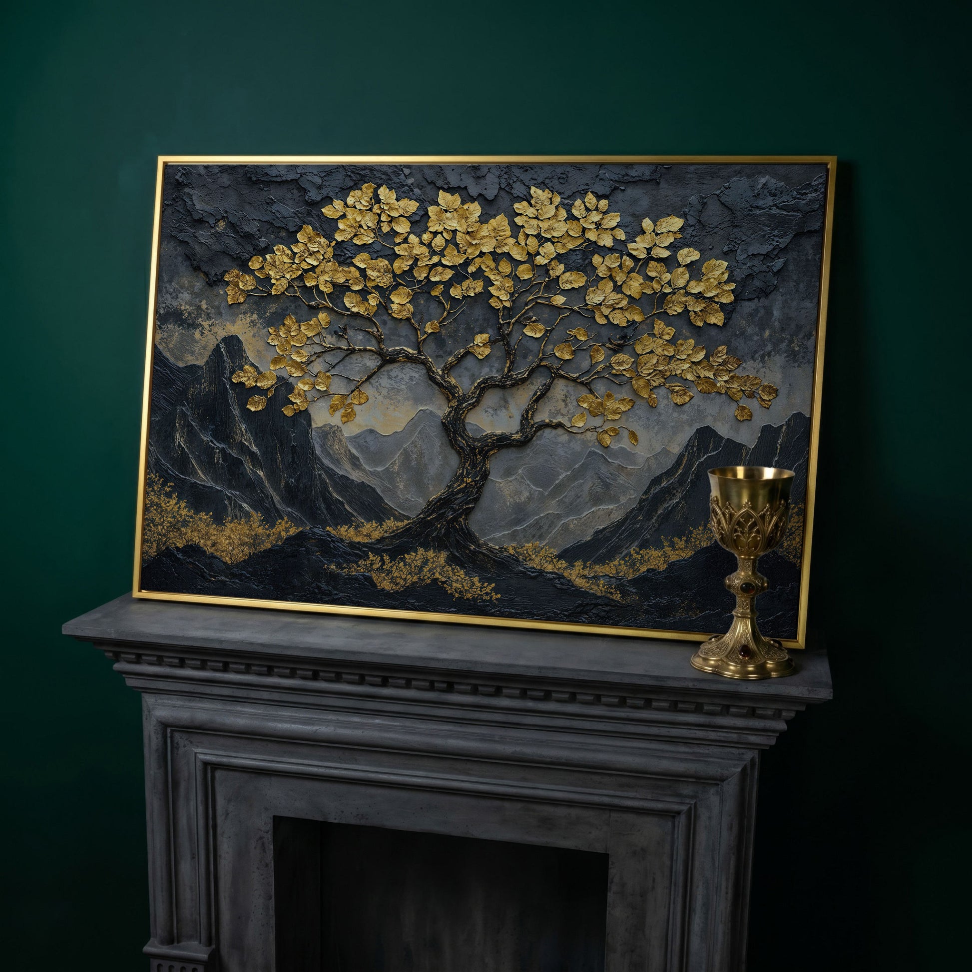 Lone Tree on Mountain Ridge Canvas Print in yellow gold floating frame