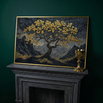 Lone Tree on Mountain Ridge Canvas Print in yellow gold floating frame
