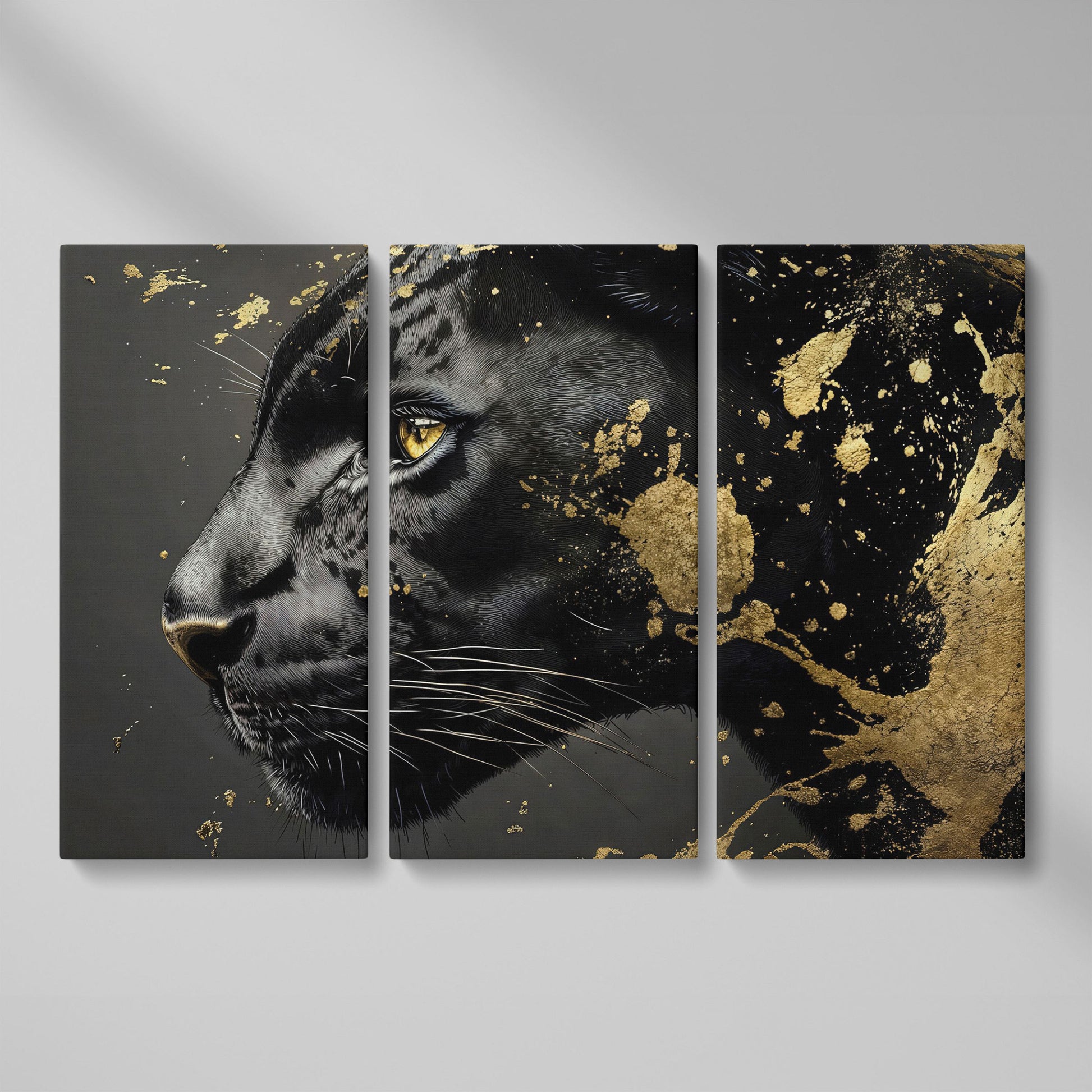 Black Panther Close-Up Canvas with Golden Accents as 3-panel split version
