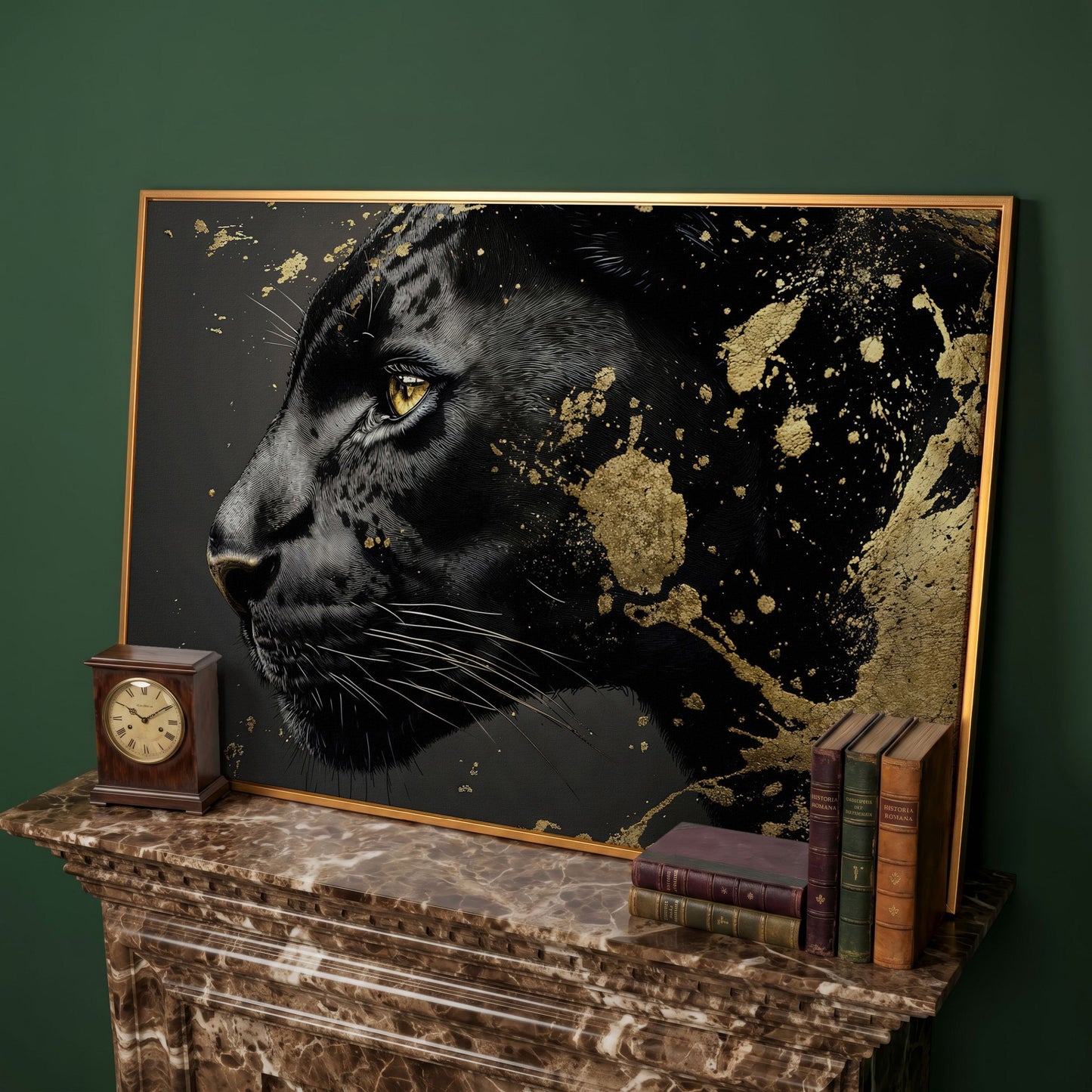 Black Panther Close-Up Canvas with Golden Accents in antique gold floating frame