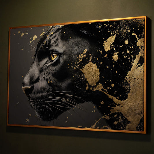 Black Panther Close-Up Canvas with Golden Accents shown in antique gold floating frame