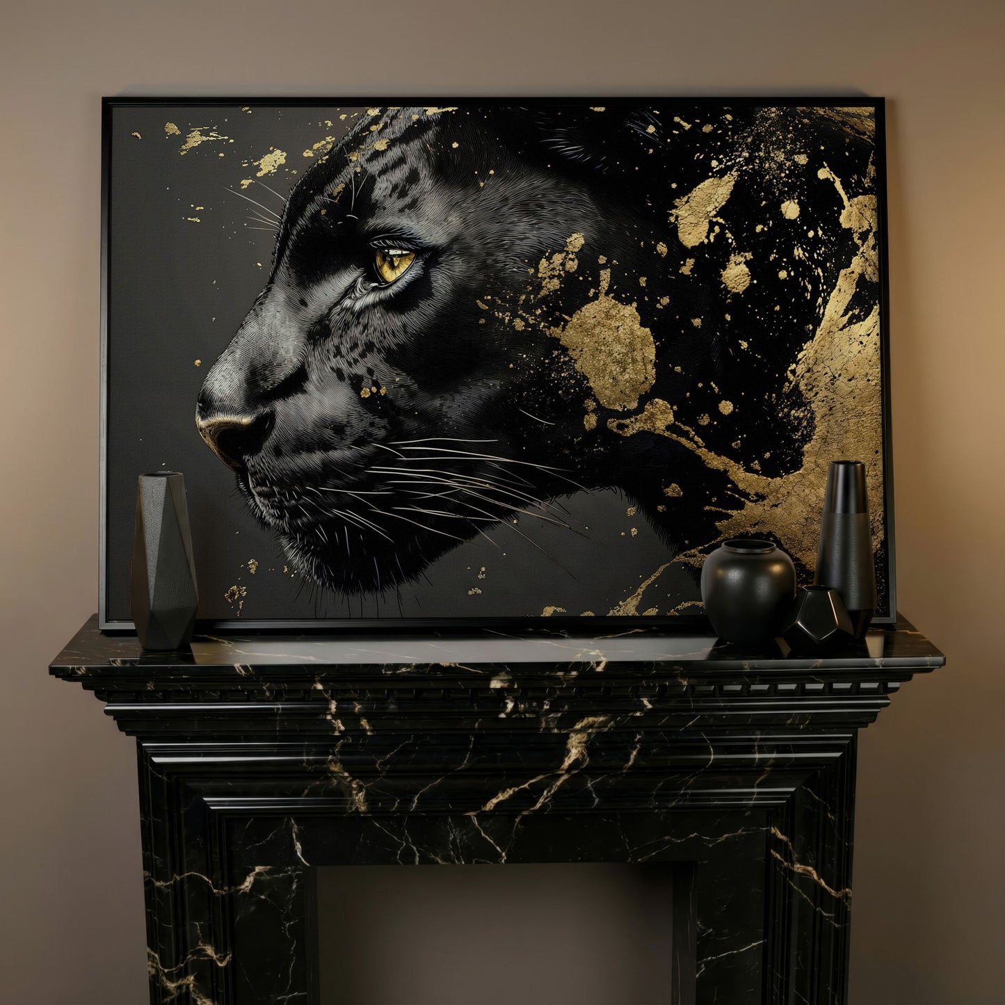 Black Panther Close-Up Canvas with Golden Accents in black floating frame