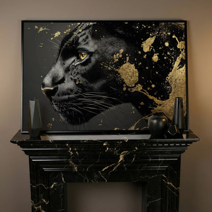 Black Panther Close-Up Canvas with Golden Accents in black floating frame