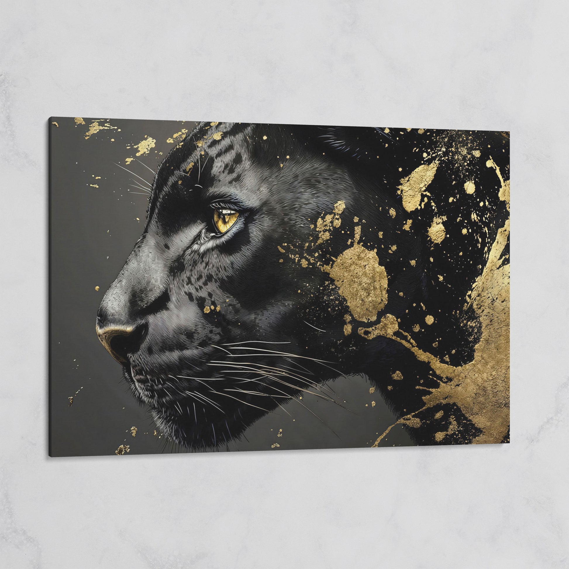 Black Panther Close-Up Canvas with Golden Accents on gallery wrap