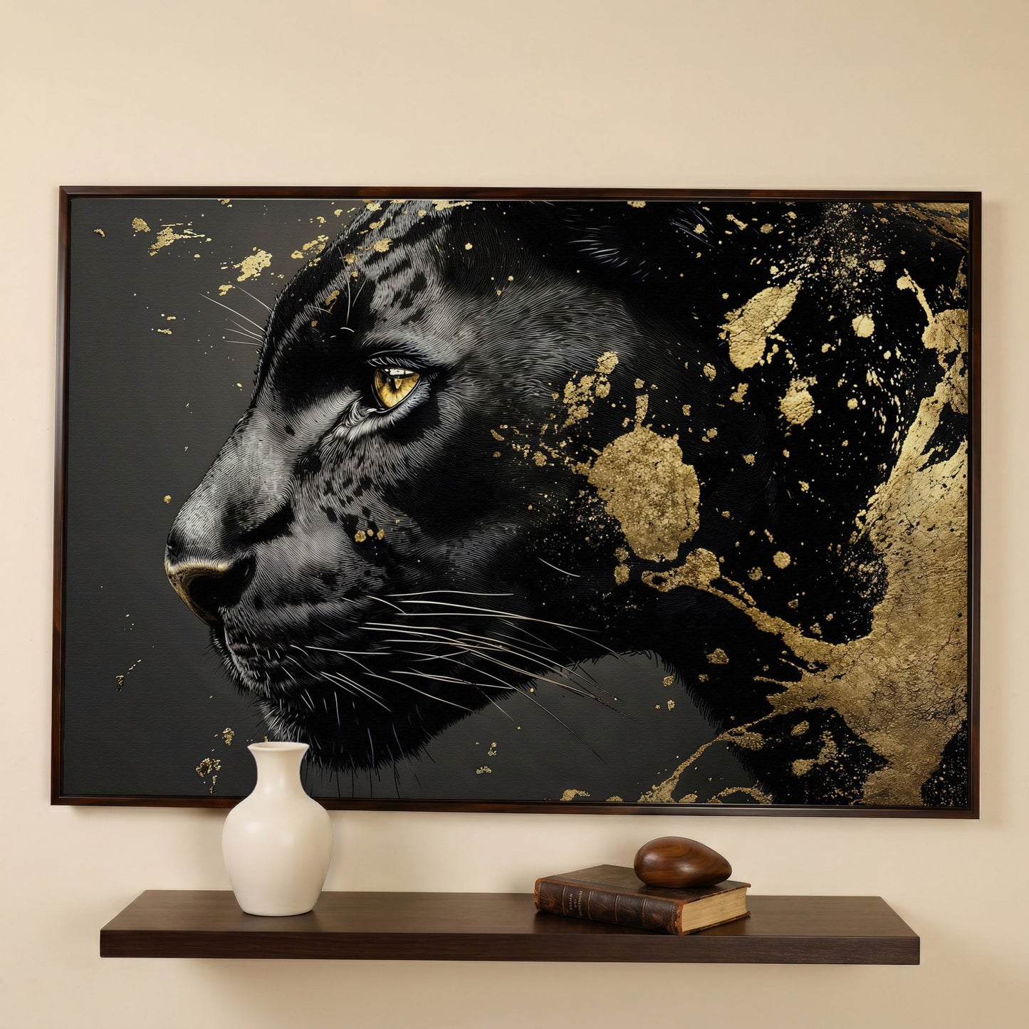 Black Panther Close-Up Canvas with Golden Accents in dark walnut floating frame