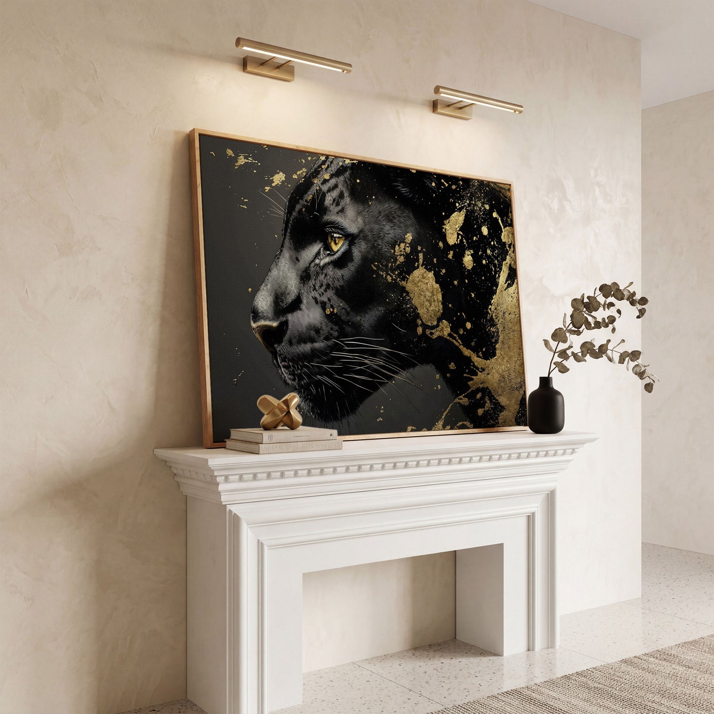 Black Panther Close-Up Canvas with Golden Accents in white oak floating frame