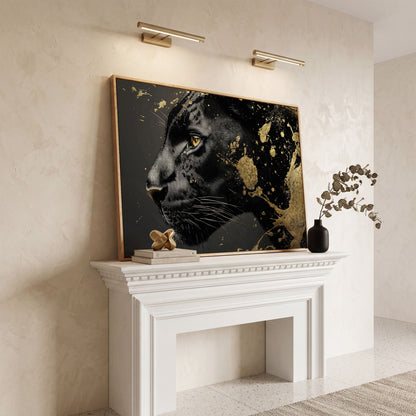Black Panther Close-Up Canvas with Golden Accents in white oak floating frame