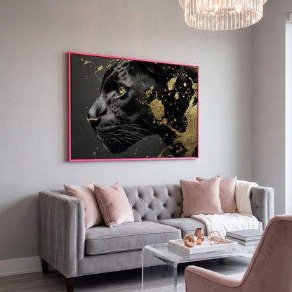 Black Panther Close-Up Canvas with Golden Accents in pink floating frame