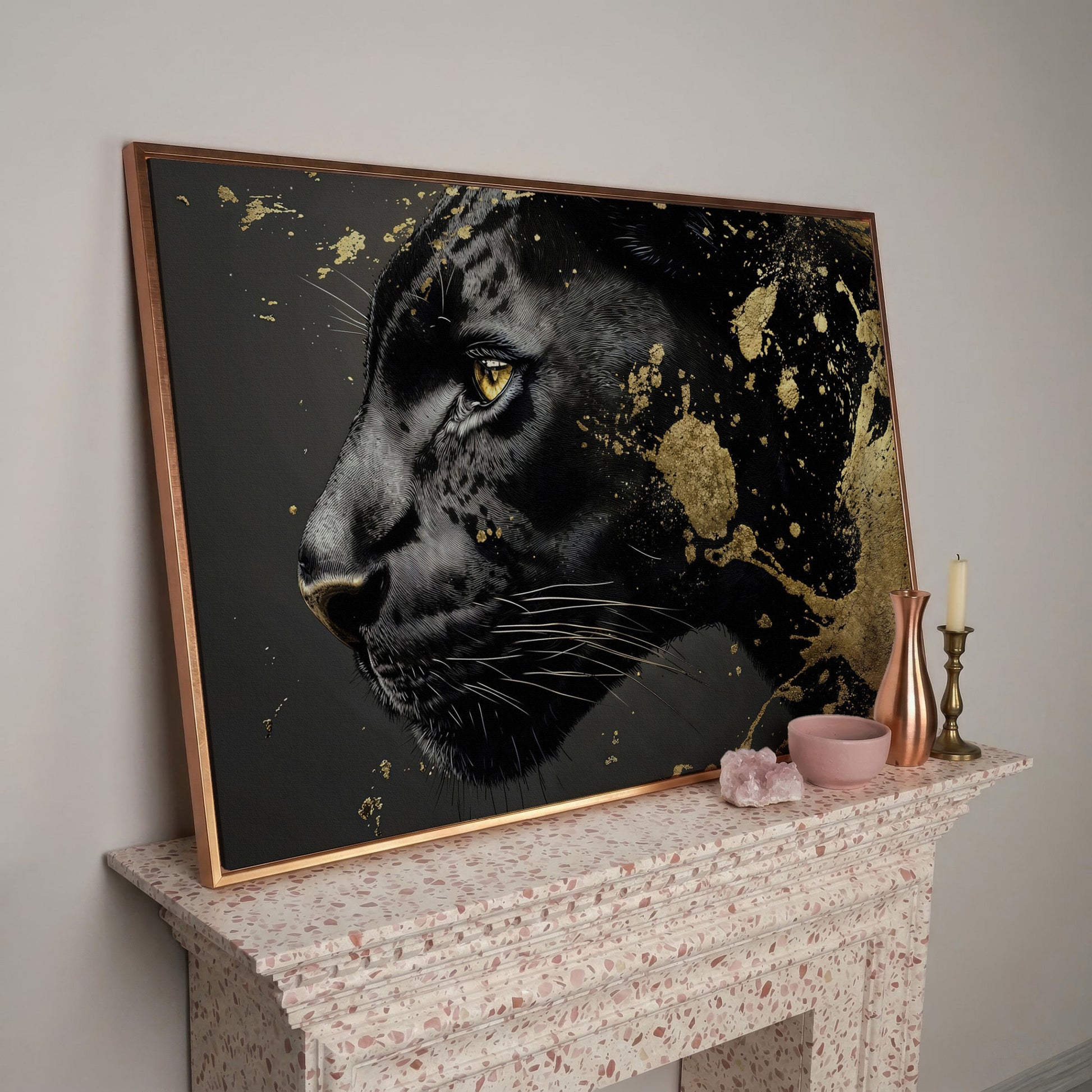 Black Panther Close-Up Canvas with Golden Accents in rose gold floating frame
