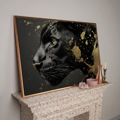 Black Panther Close-Up Canvas with Golden Accents in rose gold floating frame