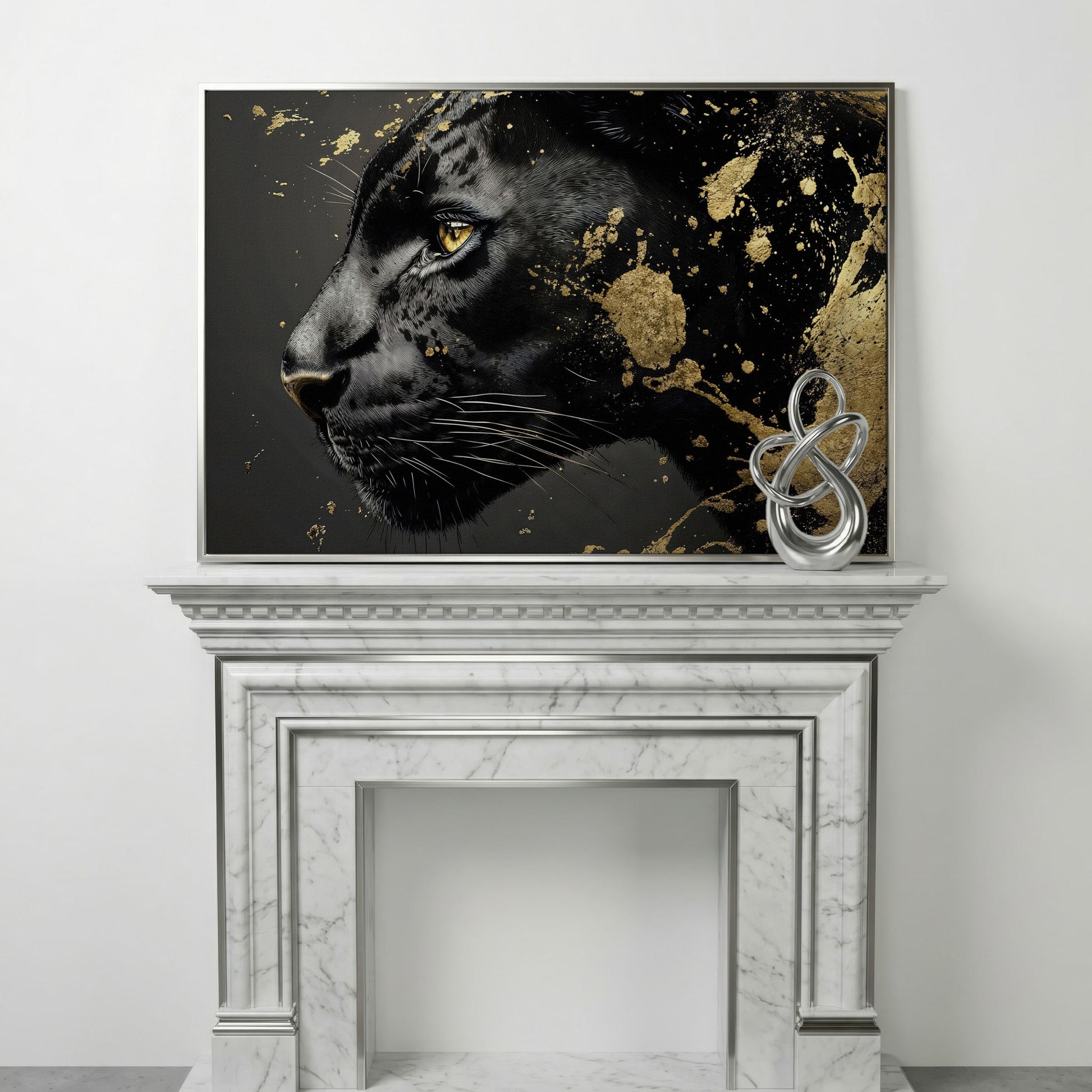 Black Panther Close-Up Canvas with Golden Accents in silver floating frame