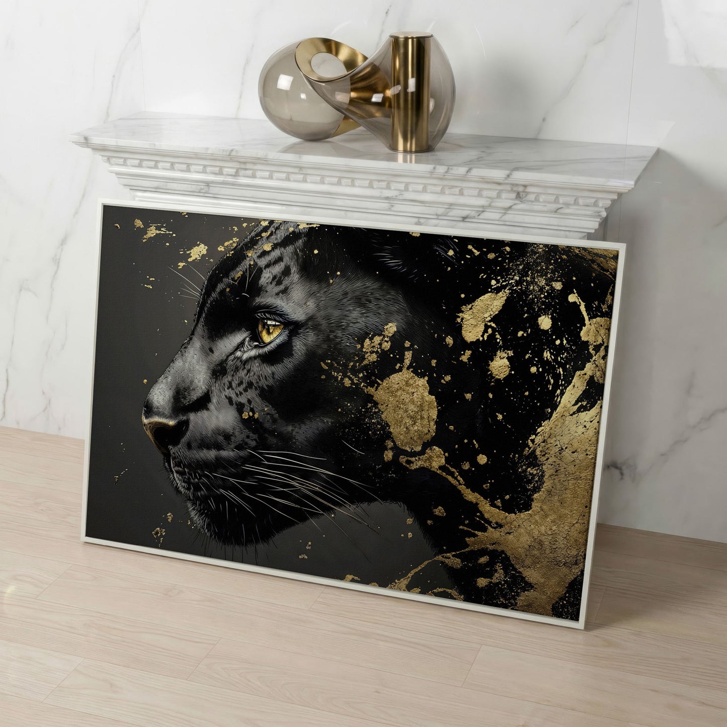 Black Panther Close-Up Canvas with Golden Accents in white floating frame