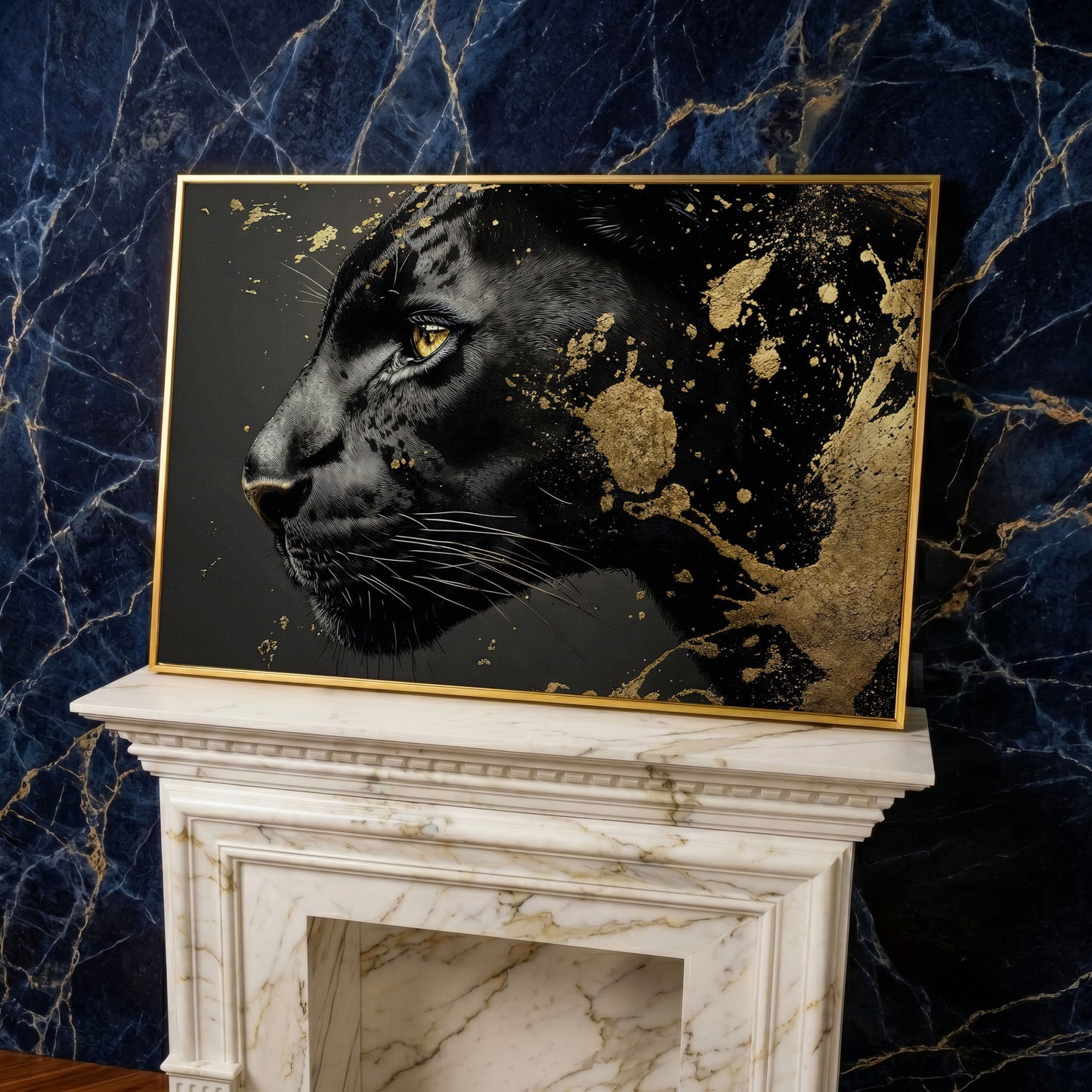 Black Panther Close-Up Canvas with Golden Accents in yellow gold floating frame