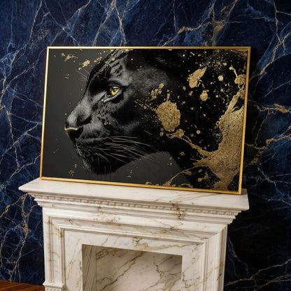 Black Panther Close-Up Canvas with Golden Accents in yellow gold floating frame