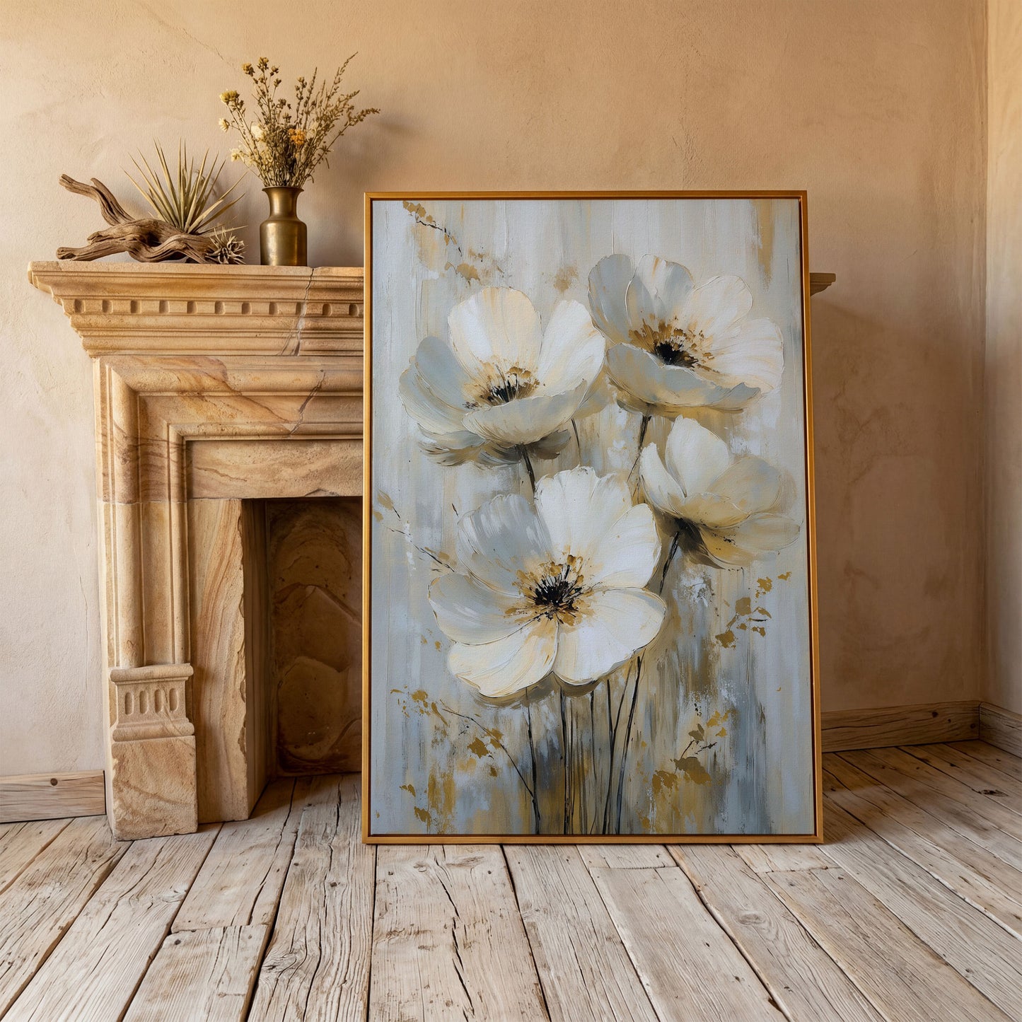 Abstract Floral Bloom Canvas Art in Neutral Beige and Grey Tones in antique gold floating frame