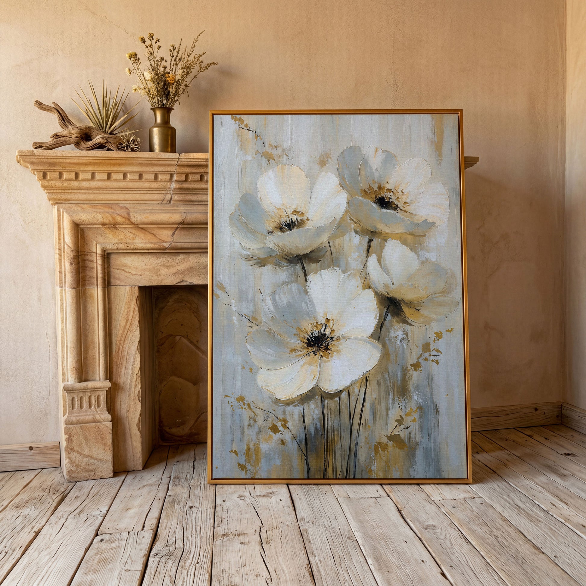 Abstract Floral Bloom Canvas Art in Neutral Beige and Grey Tones in antique gold floating frame