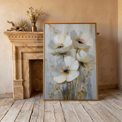Abstract Floral Bloom Canvas Art in Neutral Beige and Grey Tones in antique gold floating frame