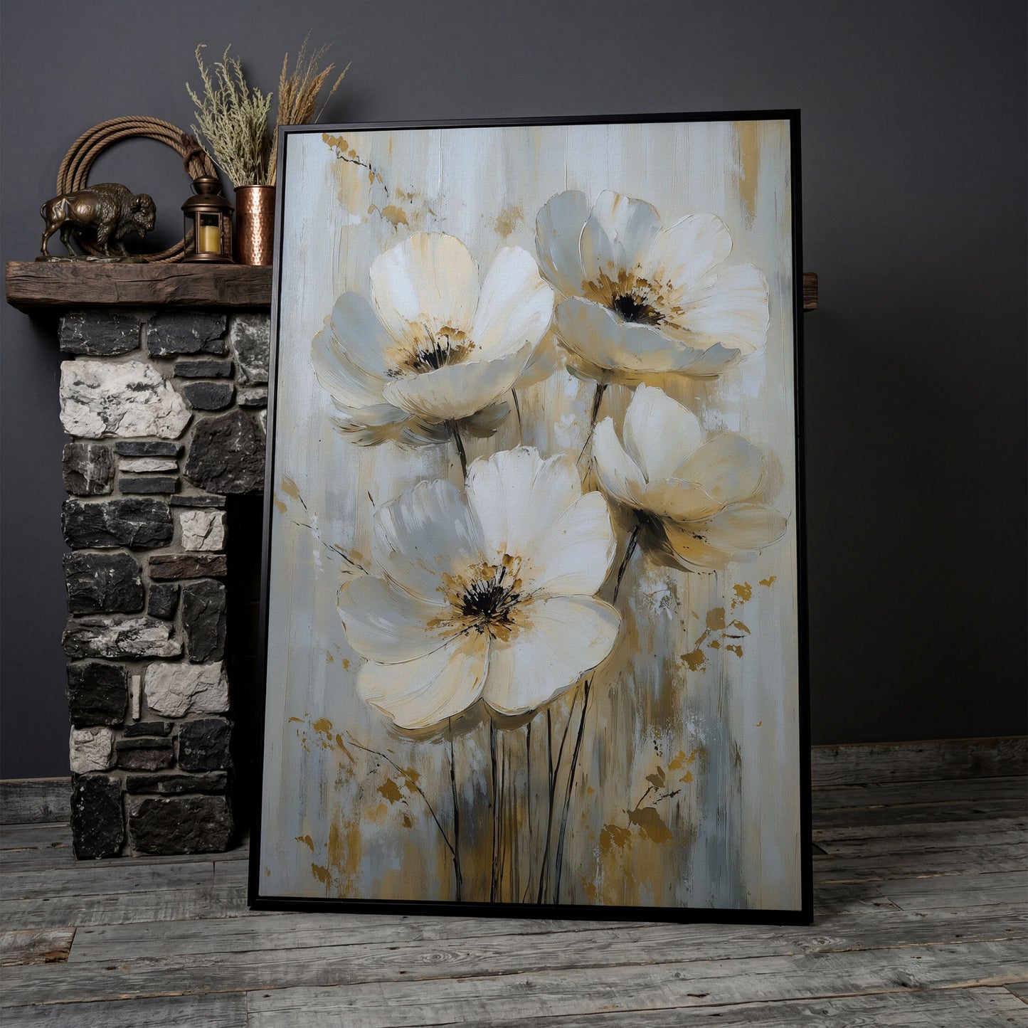 Abstract Floral Bloom Canvas Art in Neutral Beige and Grey Tones in black floating frame