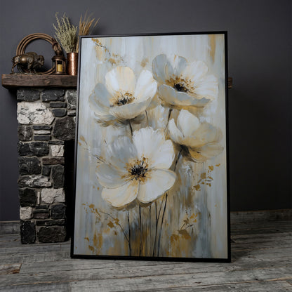 Abstract Floral Bloom Canvas Art in Neutral Beige and Grey Tones in black floating frame