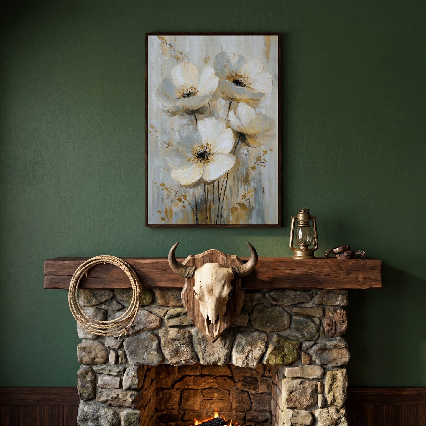 Abstract Floral Bloom Canvas Art in Neutral Beige and Grey Tones in dark walnut floating frame