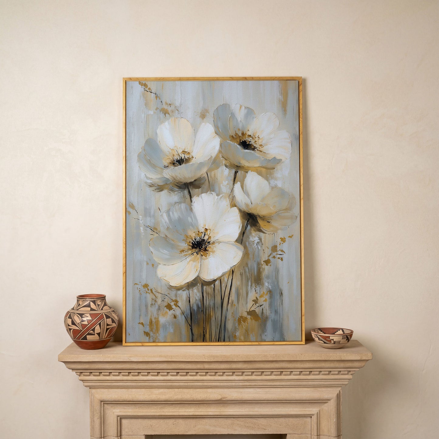 Abstract Floral Bloom Canvas Art in Neutral Beige and Grey Tones in white oak floating frame