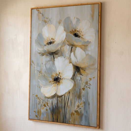Abstract Floral Bloom Canvas Art in Neutral Beige and Grey Tones shown in white oak floating frame