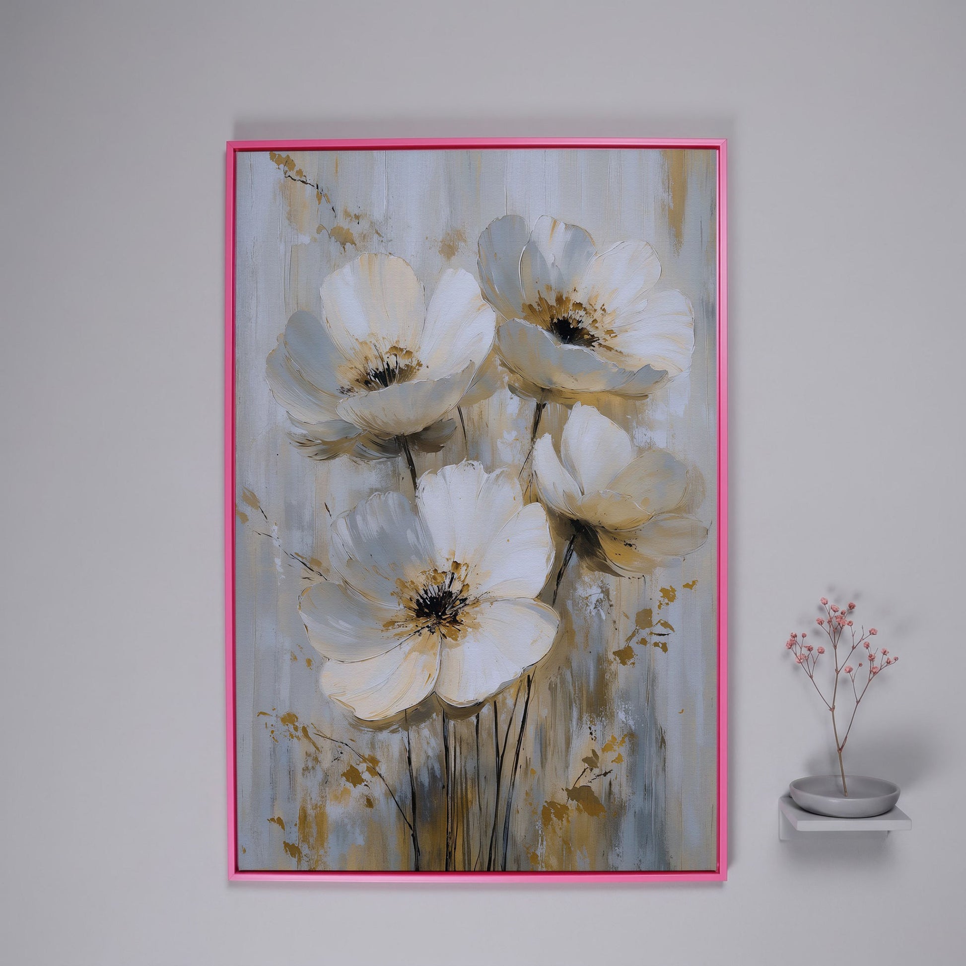 Abstract Floral Bloom Canvas Art in Neutral Beige and Grey Tones in pink floating frame