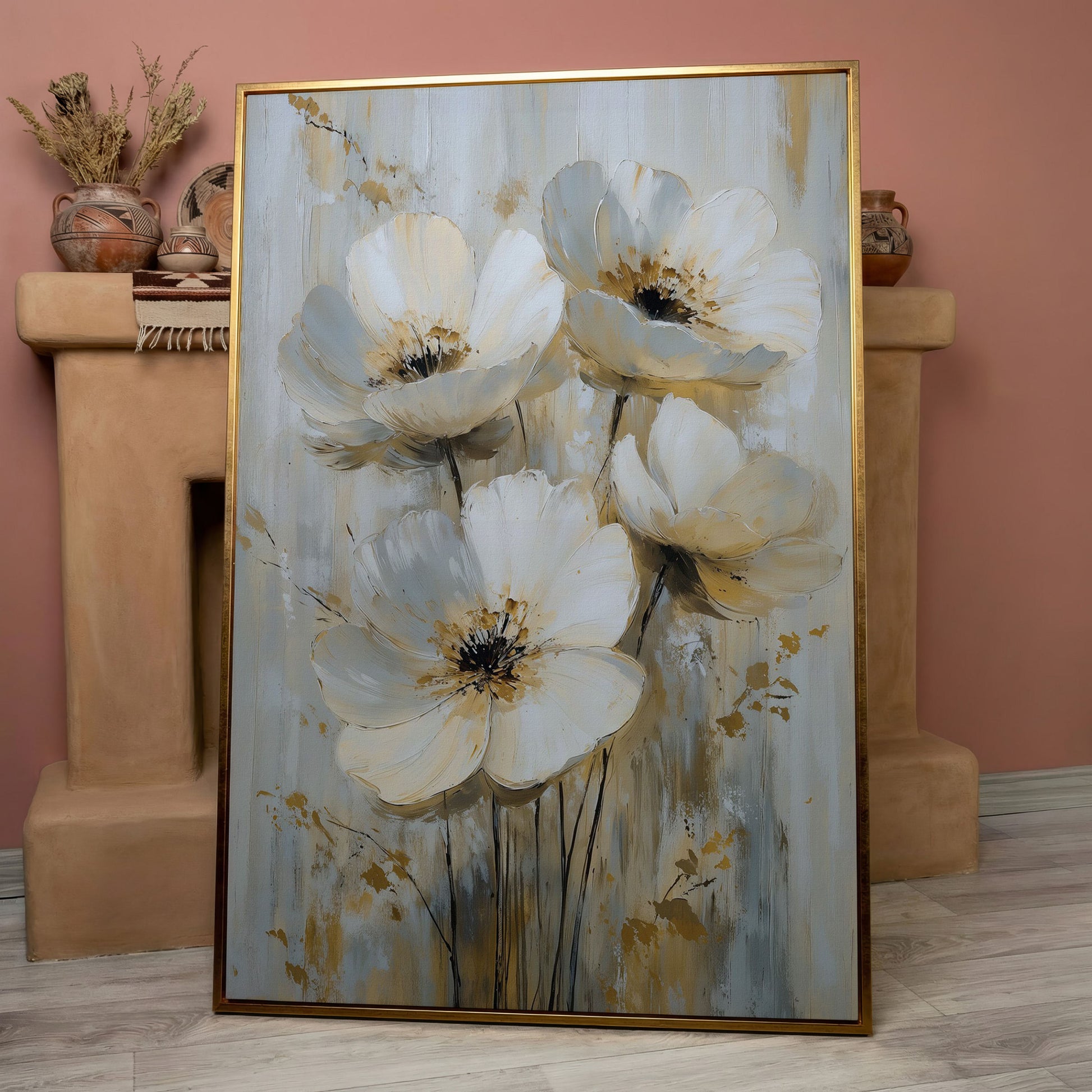 Abstract Floral Bloom Canvas Art in Neutral Beige and Grey Tones in rose gold floating frame