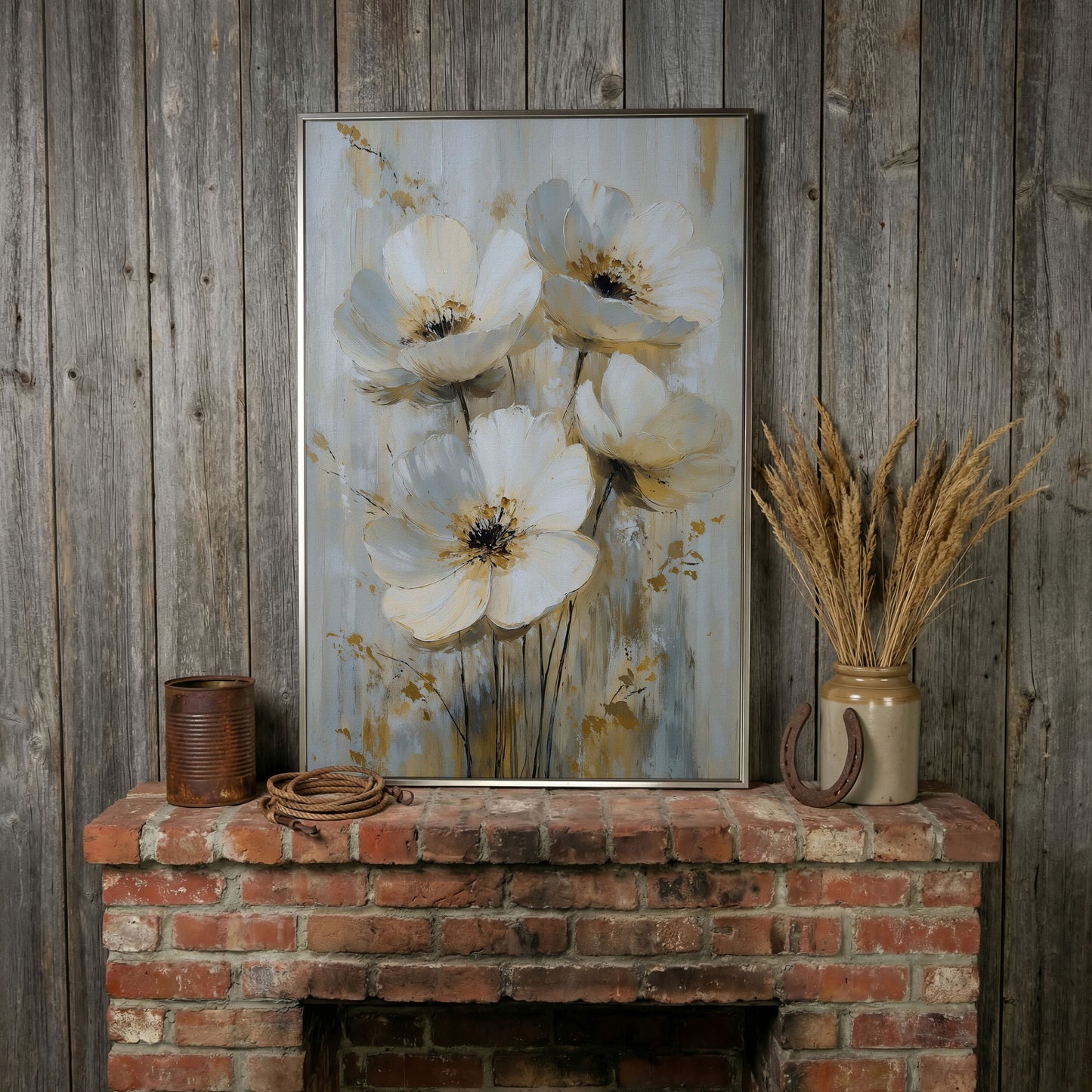 Abstract Floral Bloom Canvas Art in Neutral Beige and Grey Tones in silver floating frame
