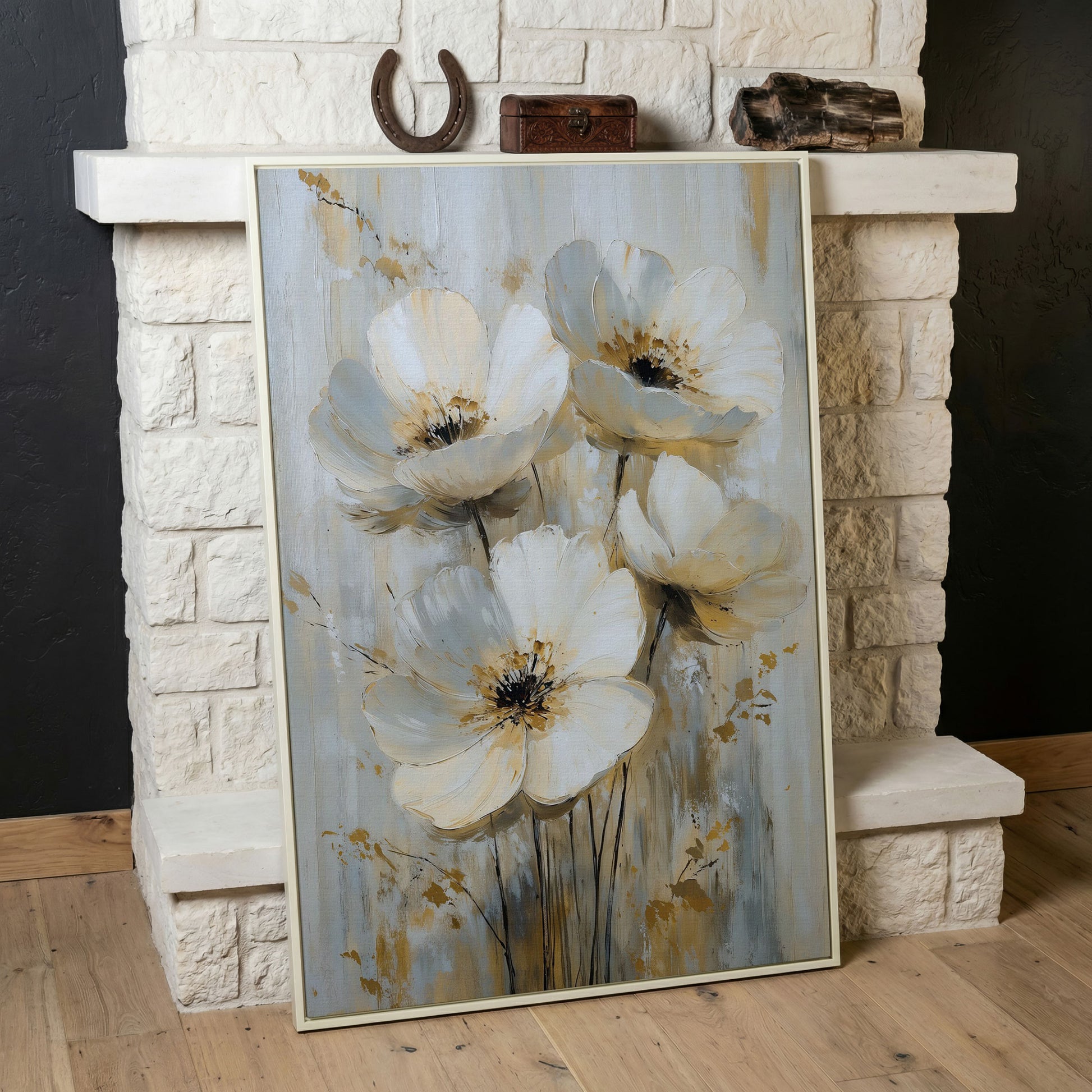 Abstract Floral Bloom Canvas Art in Neutral Beige and Grey Tones in white floating frame
