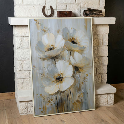 Abstract Floral Bloom Canvas Art in Neutral Beige and Grey Tones in white floating frame