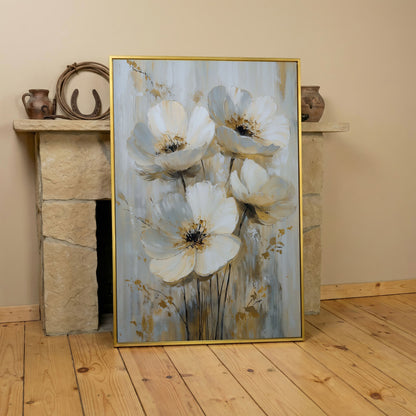 Abstract Floral Bloom Canvas Art in Neutral Beige and Grey Tones in yellow gold floating frame