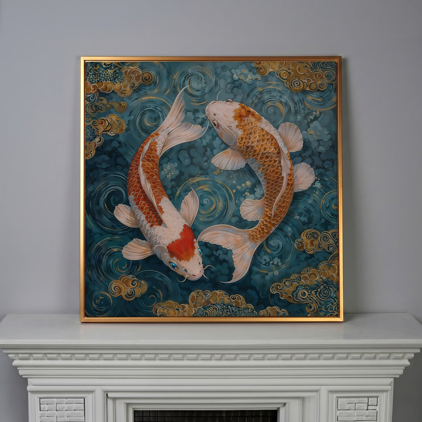 Koi Fish Yin Yang Canvas in antique gold floating frame