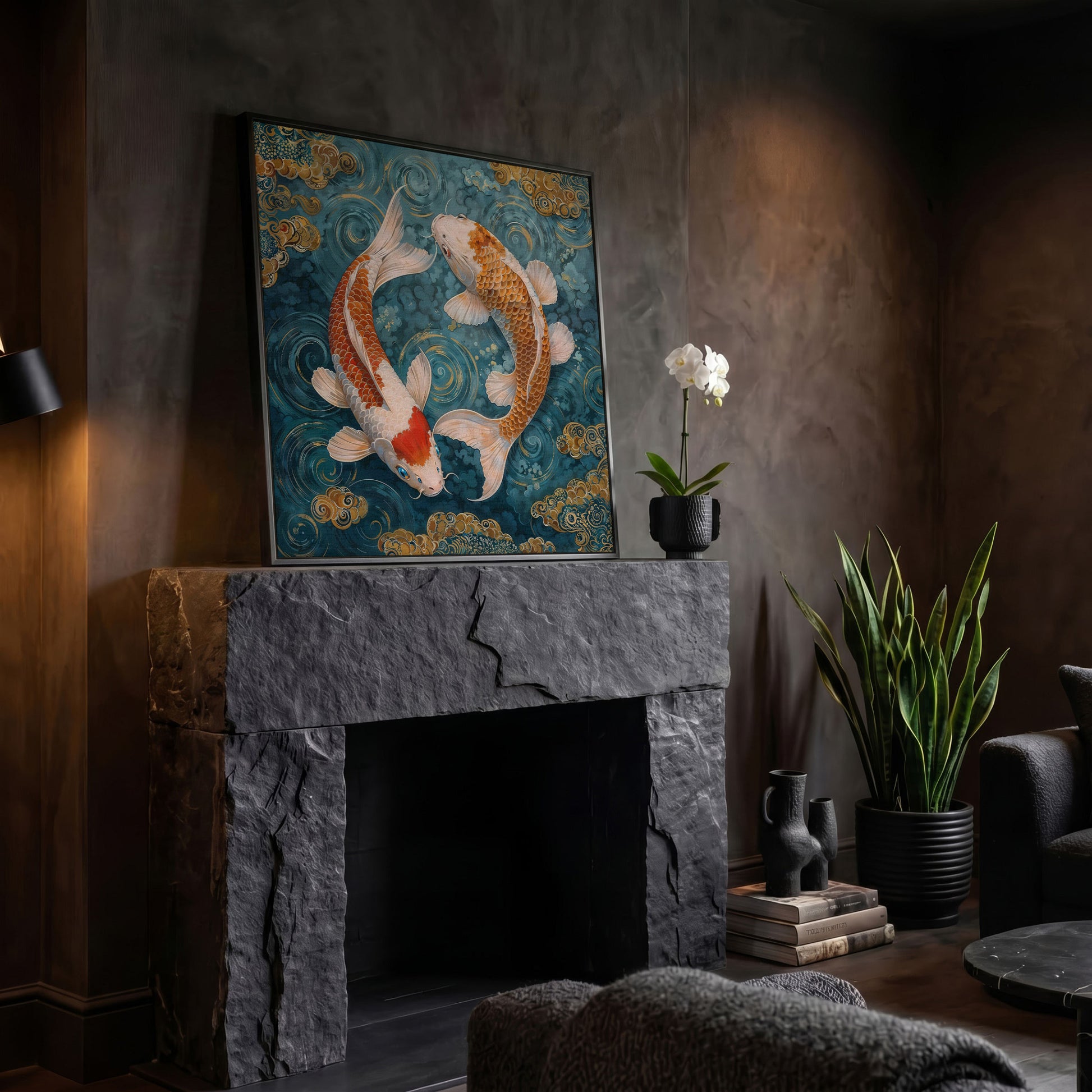 Koi Fish Yin Yang Canvas in black floating frame
